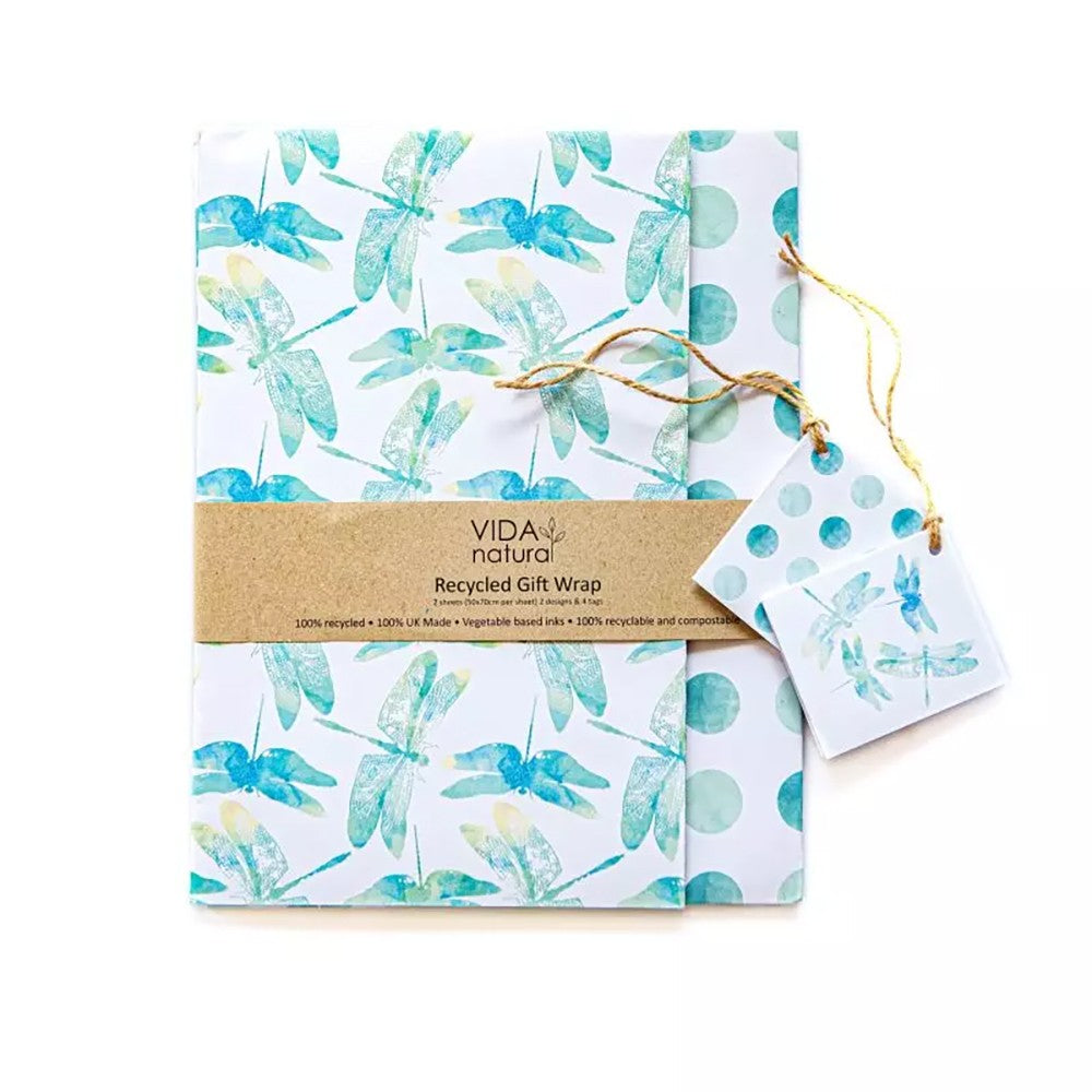 Recycled Giftwrap - Dragonflies & Spots